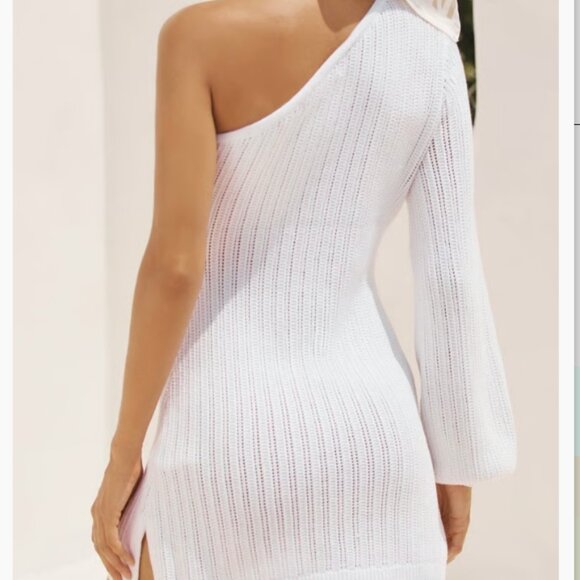 Brand New Flat White One Shoulder Crochet Mini Sweater Dress - Picture 3 of 7